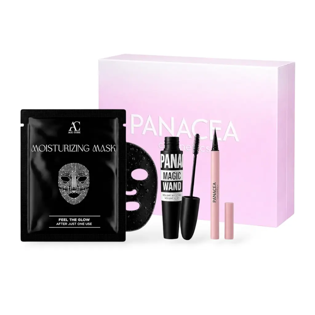 PANACEA x AGE CODE Glow & Define Kit — черна корейска хидратираща маска с водорасли и хиалуронова киселина, Magic Wand 4D спирала и Magic Line очна линия от Panacea Cosmetics