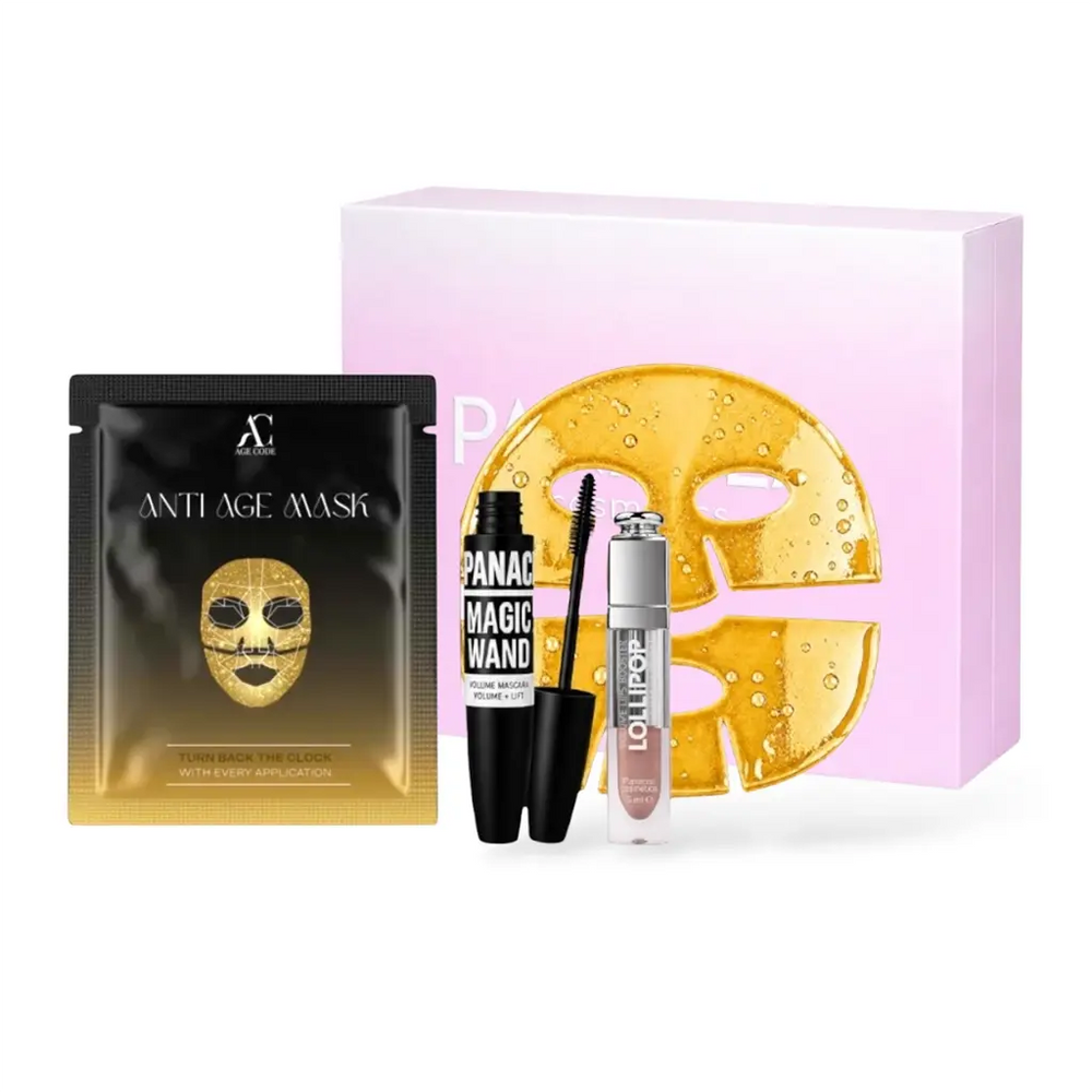 PANACEA x AGE CODE Lift & Glow Combo — златна корейска Anti Age маска с Коензим Q10, Magic Wand 4D спирала за обем и дефиниция и Lollipop течно матово червило Chocolate Panacea Cosmetics