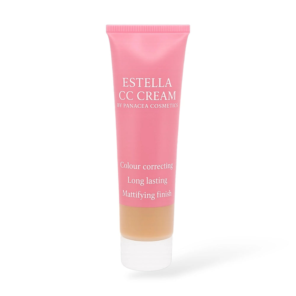 Снимка на Panacea Estella CC крем. Розова тубичка на бял фон. Показва текст: Colour correcting, Long lasting, Mattifying finish.