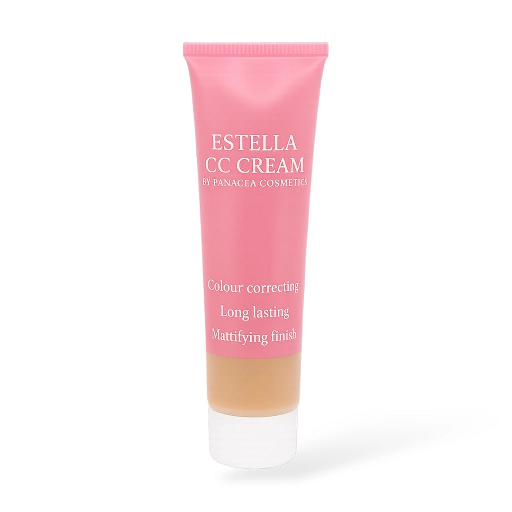 Снимка на Panacea Estella CC крем. Розова тубичка на бял фон. Показва текст: Colour correcting, Long lasting, Mattifying finish.