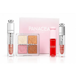 Kiss & Glow Bestseller Kit на Panacea Cosmetics — течно матово червило Lollipop Desert Rose, гланц Glimmer Gloss Fairy Dust, олио за устни LUXOIL Pink Lava и хайлайтър палитра с 4 цвята