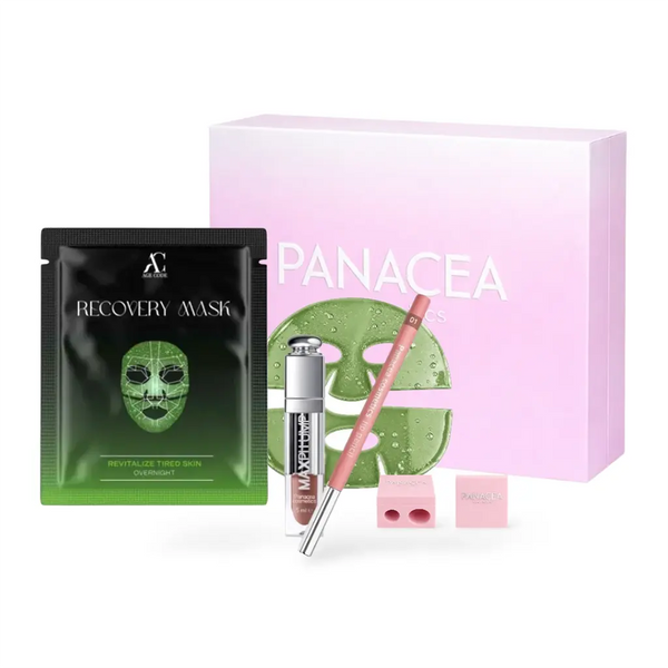 PANACEA x AGE CODE Recovery & Volume Kit — корейска зелена маска за регенерация на уморена кожа, MaxPlump уголемяващ гланц за устни, молив за устни и двойна острилка от Panacea Cosmetics